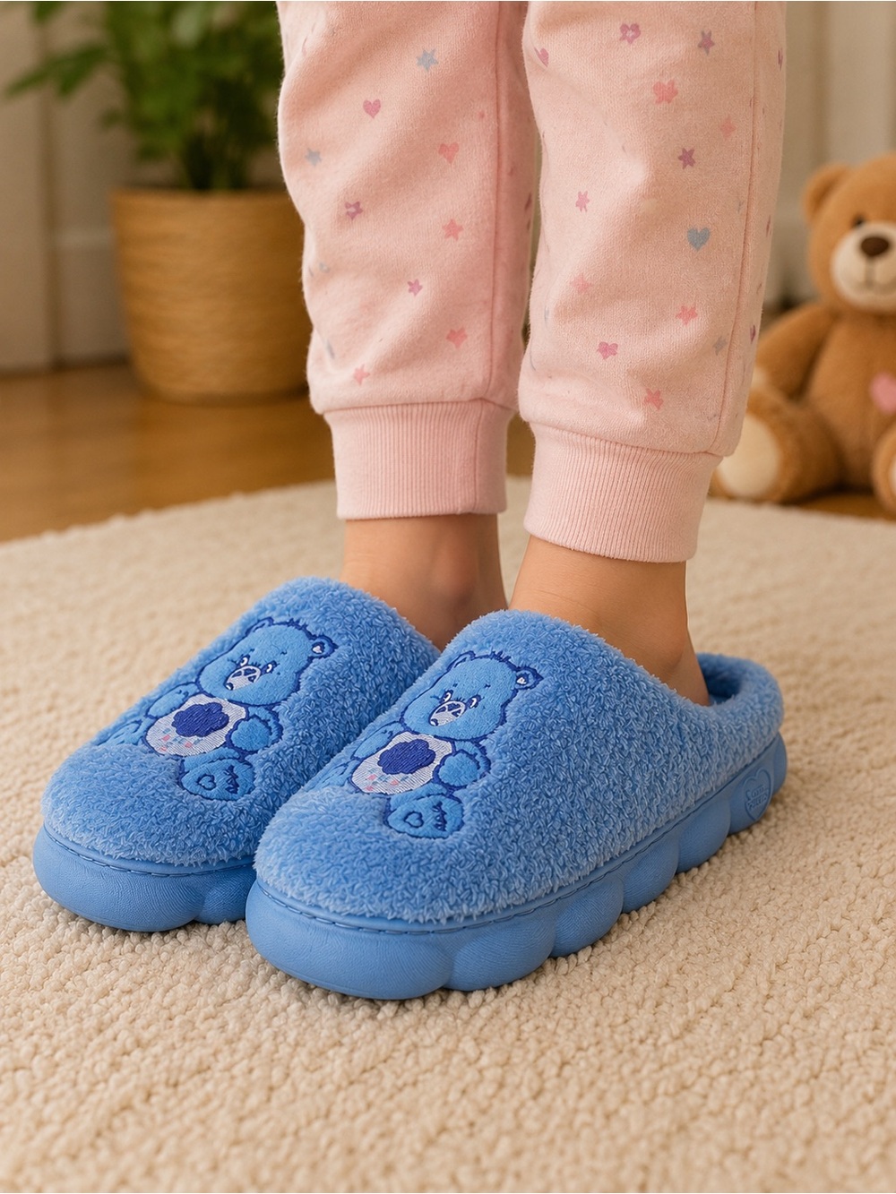 Care Bears Light Blue Plush Kids Slippers 3.5/4.5 NEW